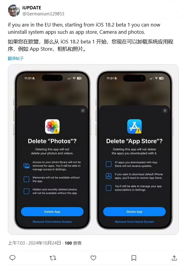 梁河苹果手机维修分享iOS 18.2 支持删除 App Store 应用商店 