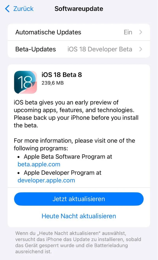 梁河苹果手机维修分享苹果 iOS / iPadOS 18 开发者预览版 Beta 8 发布 